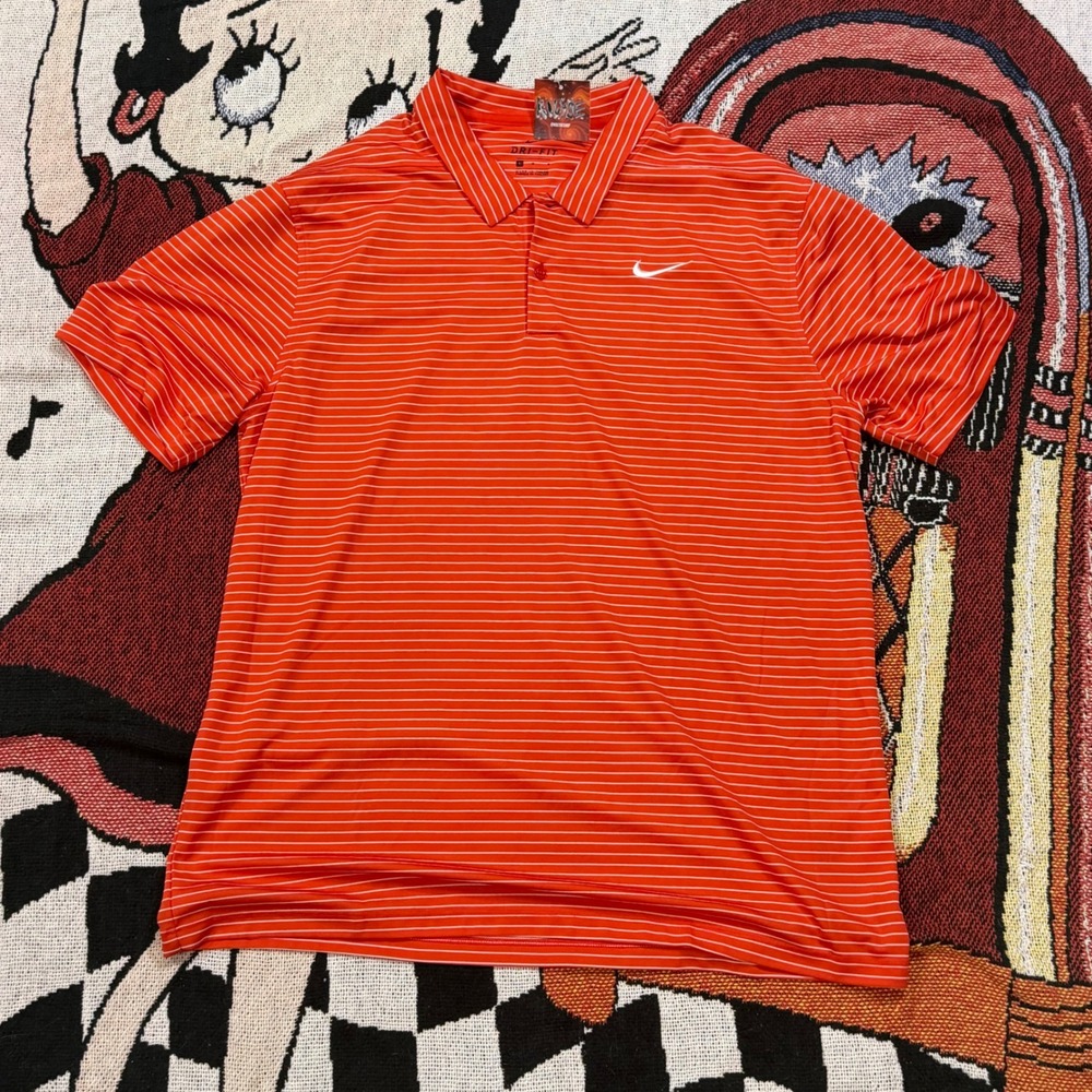 Nike Golf Dri-FIT Polo Shirt Mens Large Orange White Striped Short Sleeve Swoosh